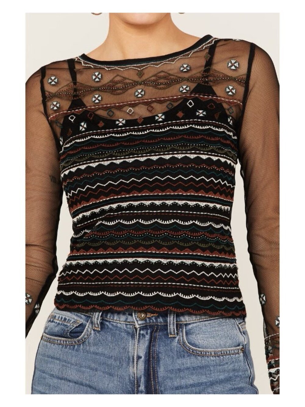 Shyanne Womens Black Mesh‎ Embroidered Western Boho Long Sleeve Top Small